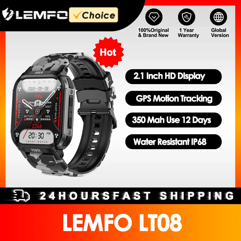 Horloges lemfo sport smart horloge mannen buiten smartwatch 2024 ip68 waterdichte fitness armband voor Android 2.1 inch HD -scherm GPS Tracker