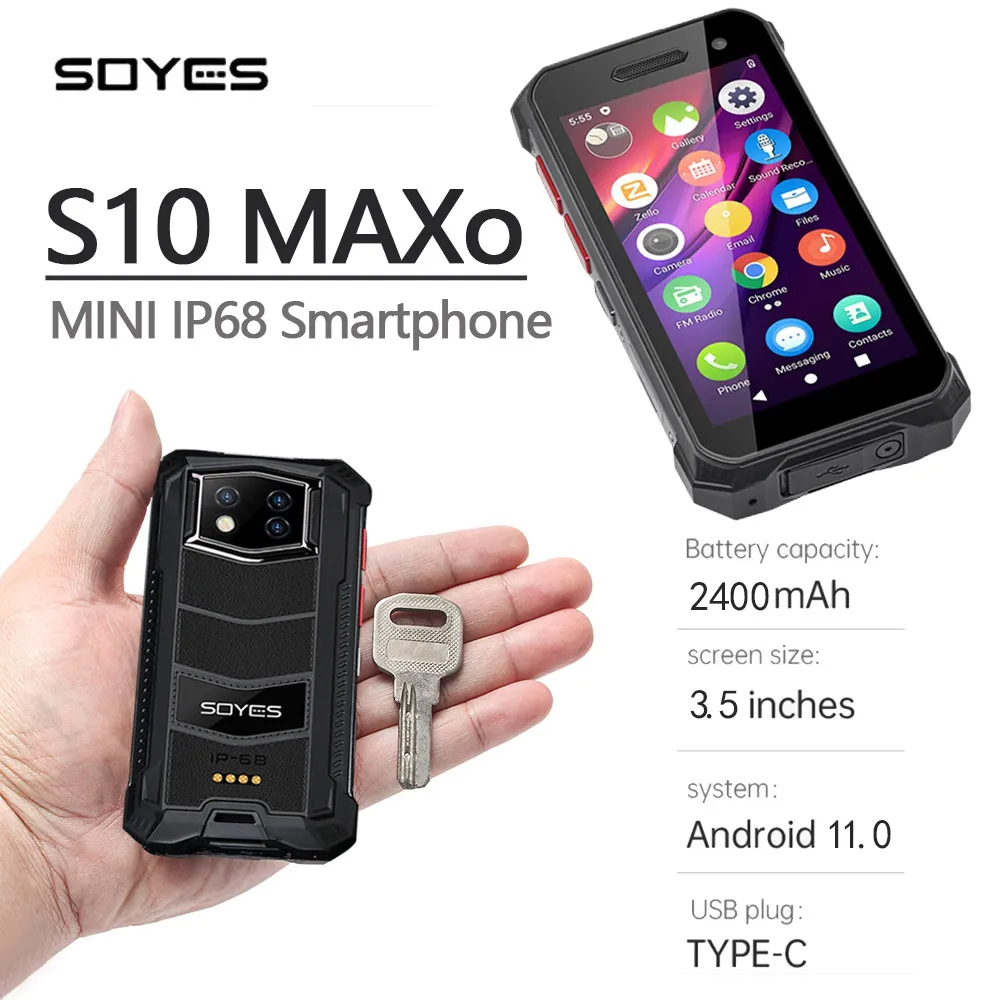 SOYES S10 MAXO 4G RUGGED MINI Smartphone Android 11 Waterdicht IP68 3,5 inch Octa Core 8GB+256 GB 2400mAh Vingerafdruk Face ID Ontgrendel PTT PTT -mobiele telefoon