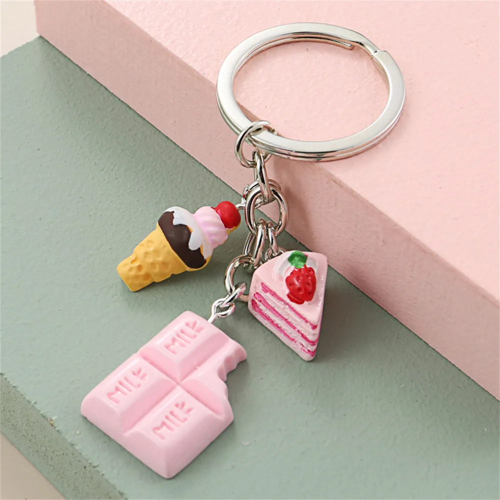 Jolie dessert Keychain Key Ring Resin Ice Cream Chocolate Cake Cake Potato Food Chain pour femmes cadeaux Girls Bijoux faits à la main