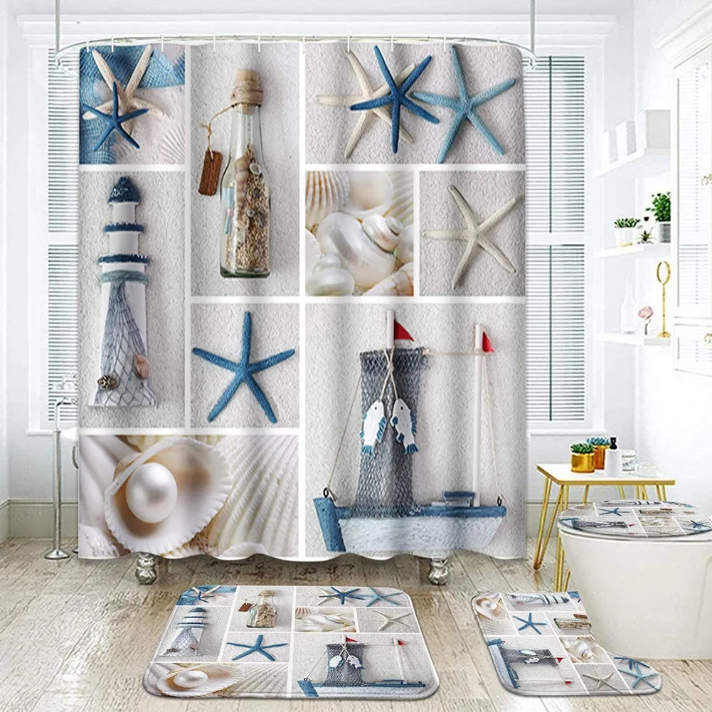 Badrumstillbehör Set Ocean Theme Shower Crawtain Bath Mat Toalett Cover U Shape Pad Hållbar för HOLE Hotellgåvor