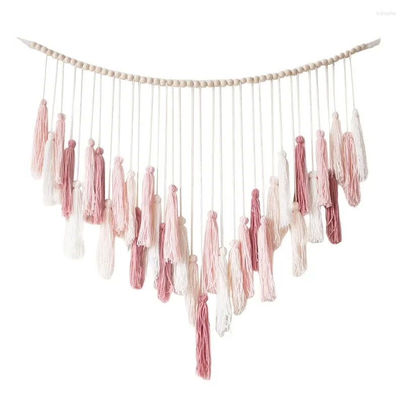 Tapissries Baby Girl Nursery Decor med träpärlor Boho Tapestry Macrame Wall 42.9 38.9in för vardagsrum flickor sovsal dekoration