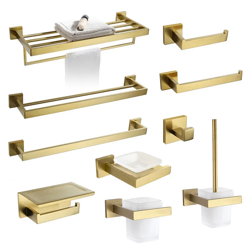 Gold Brushed Towel Bar Rail Toilet Paper Holder Towel Rack Hook Soap Dish Toilet Brush Bathroom Accessories Hardware