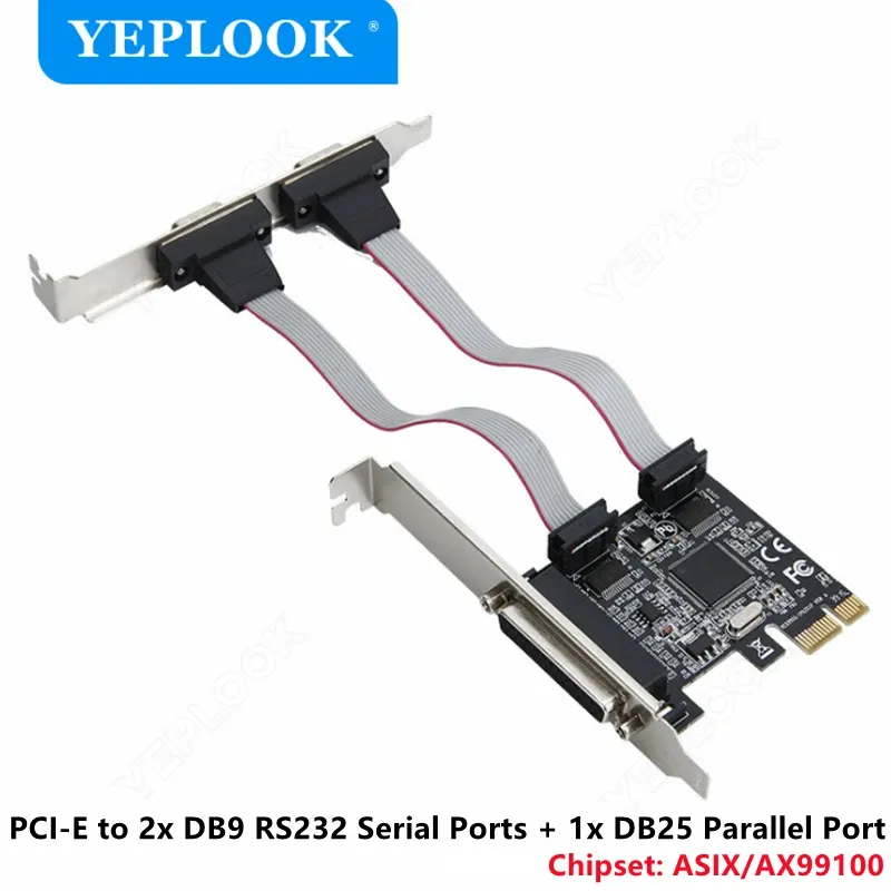 Cartes PCIe à double port série DB9 RS232 COM + Single DB25 Port parallèle Imprimante LPT Adaptateur Carte Chipset ASIX / AX99100 pour PC Desktop