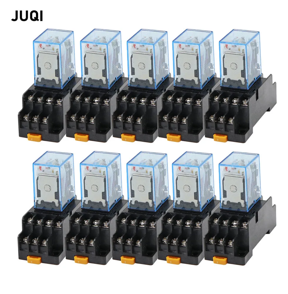 10 set MY4NJ small Electromagnetic Power Relay DC 12V 24V 36V 48V 110V 220V 380V Coil 4NO 4NC DIN Rail 14 pins + Base Mini relay