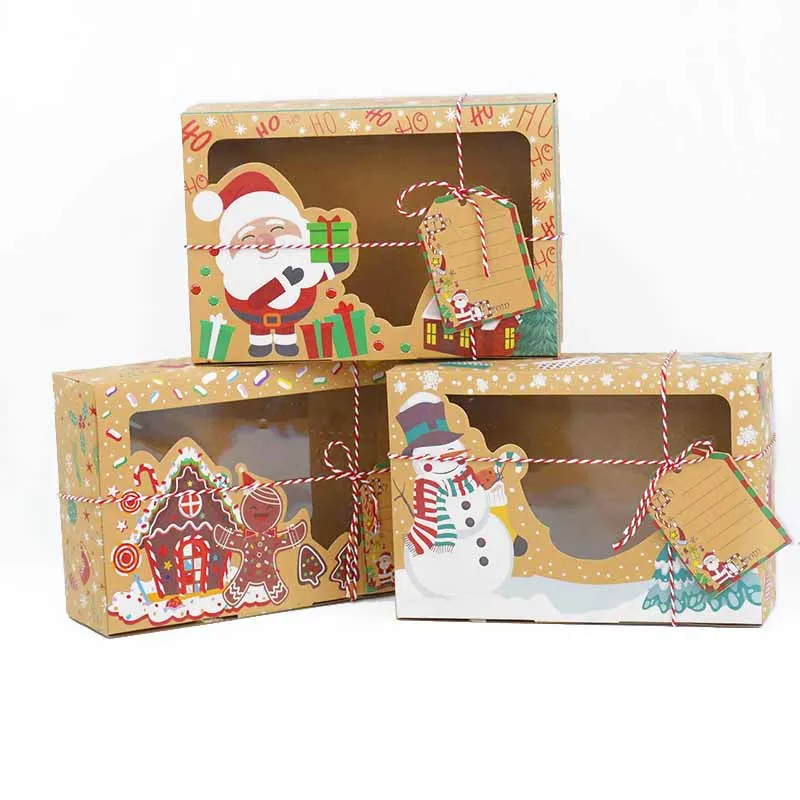 3Pcs Christmas Cookie Boxes Bakery Gift Boxes European New Style Kraft Paper Box with Tag Kraft Paper Large Christmas Candy Box