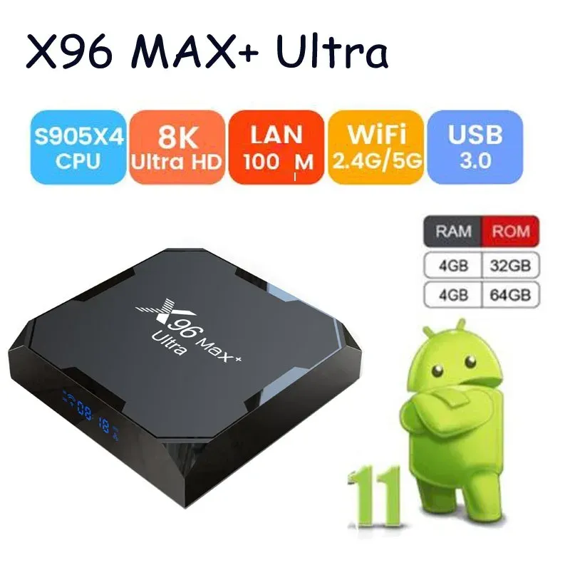 Box X96 Max Plus Ultra Android 11.0 Amlogic S905X4スマートテレビボックス4G 32G/64G 2.4G 5G WIFI 100M LANセットトップボックスvs TX6S X96Q Tanix X4