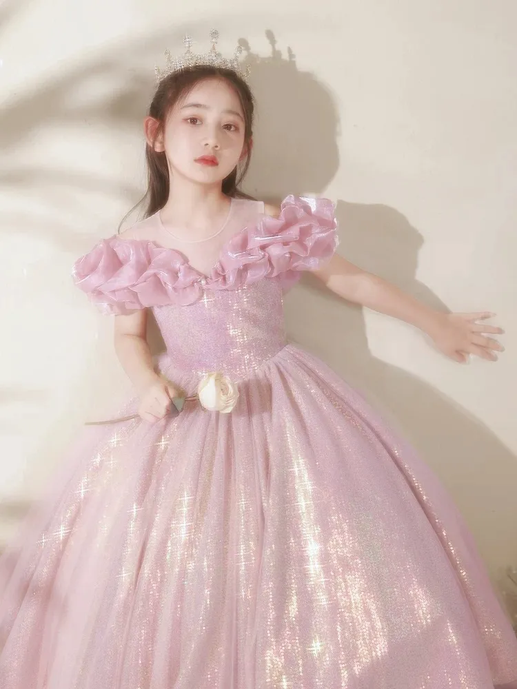 Pink Girl Little Kids Dress Sequined Lace Tiered Tulle Beaded Ball Gown  Sleeveless High Collar for Christening Easter from Dhgate Flower Girls'  Dresses - price 194.82