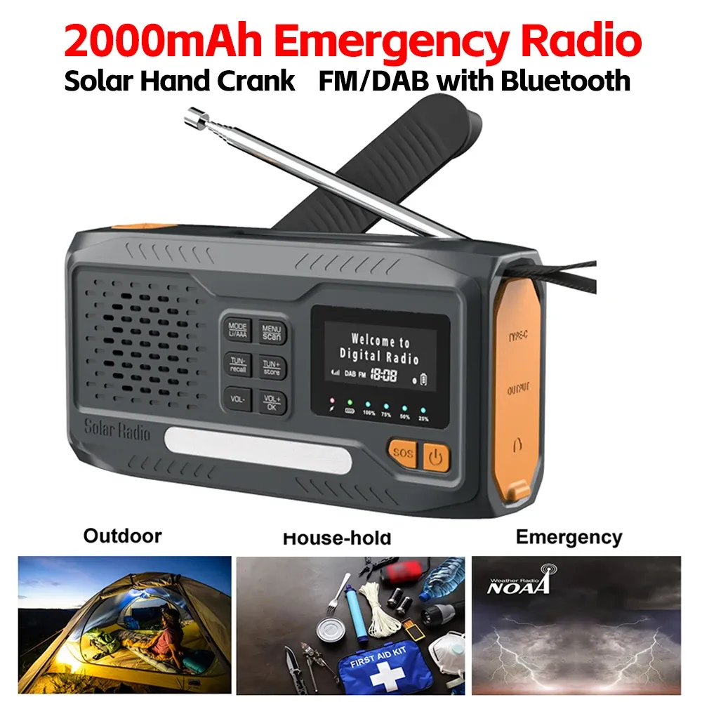 Radio 2000Mah Emergency Radio FM/DAB Bluetooth Solar Hand Crank Radiomottagare Torch Radio ficklampa Laddade SOS för utomhuscamping