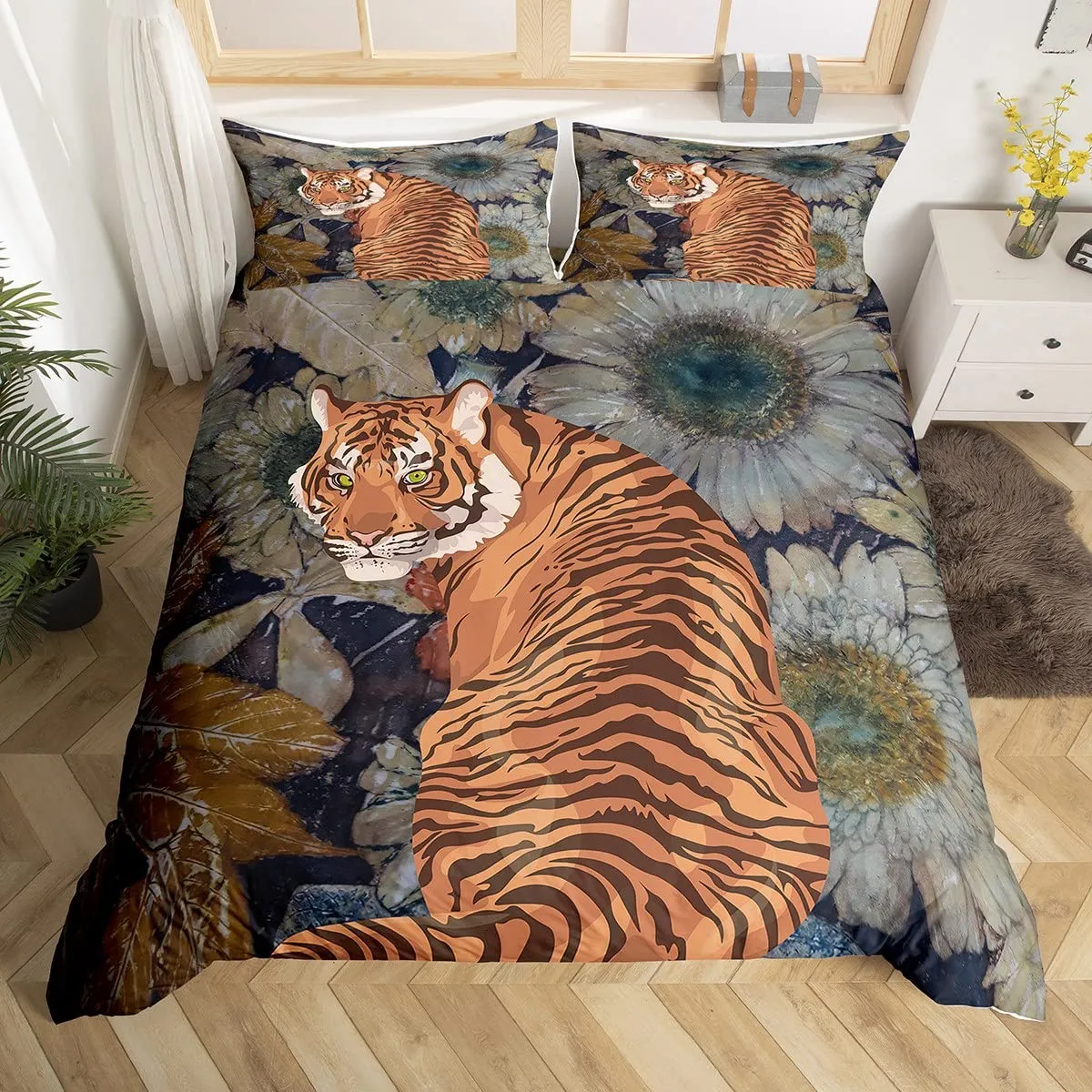 Tiger Duvet Cover Set Red Rose Flower Africa Big Cat Counterner Cover Set Animal Thème 2 / 3PCS SIGNE SIGNIQUE QUE LIEN SILLE POUR LES GOISS