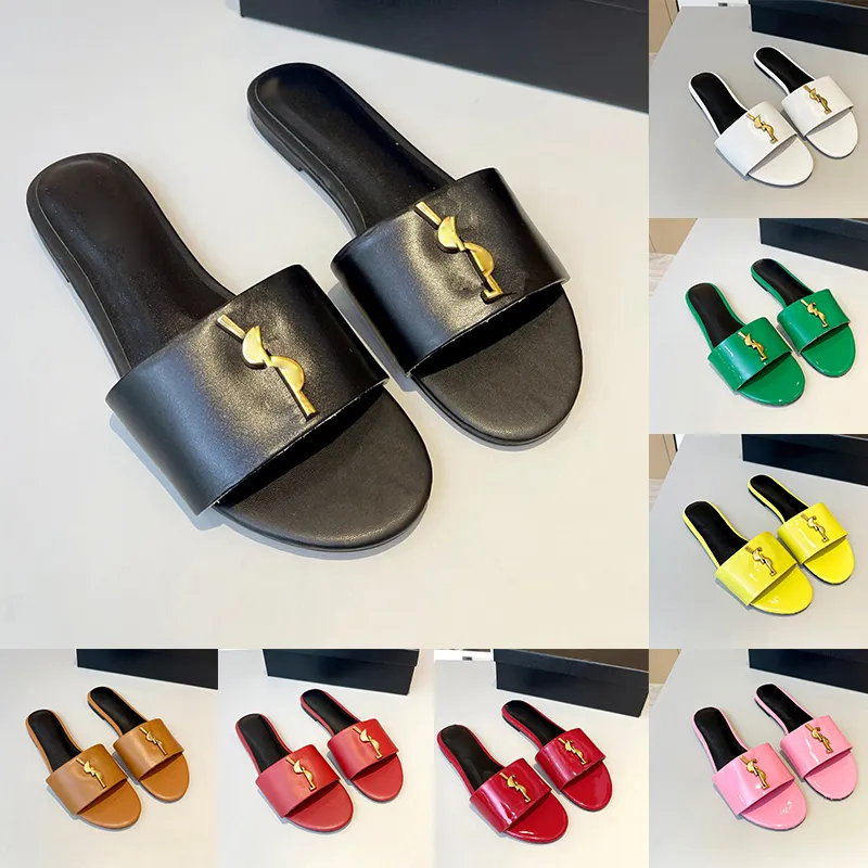Designer Sandals Luxury Slides Black Brown Green Flat Heels Leather Metallic Gold Letters Womens Ladies Slippers Mules Slides Summer Shoes 2024 Yes sandale