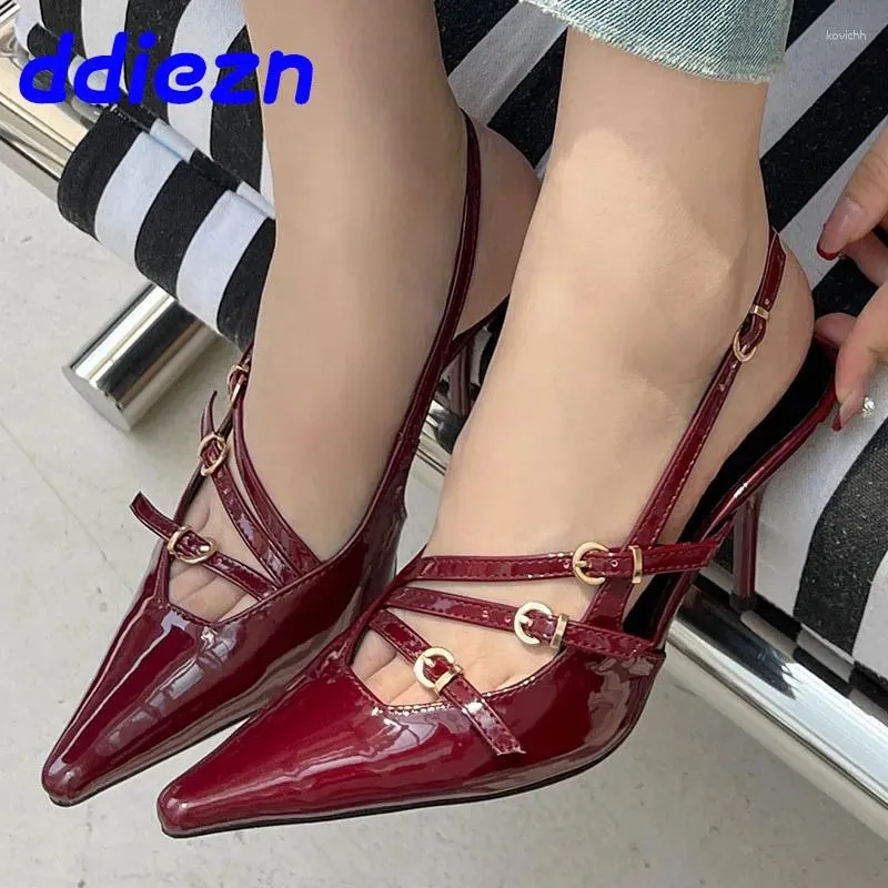 Sandals Big Size Wine Red Shoes Women Heeled Female Footwear Slingbacks Fashion Buckle Ladies Thin Heels Pumps