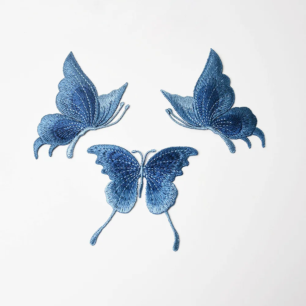 Blue Lace Broidered Butterfly Patches coudre sur des vêtements Applique Robe de danse