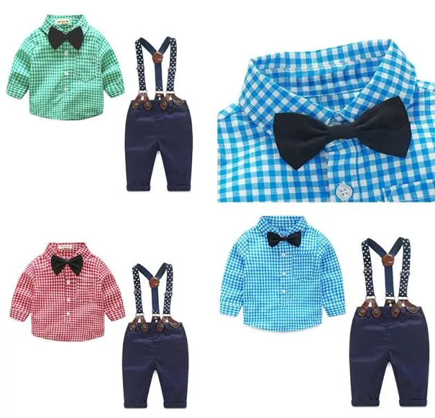 Kid Designer Clothes Autumn Spring Newborn Baby Set Spädbarnskläder Gentleman Suit Plaid Shirt Bow Tie Suspend Trousers 2st Suit2521969