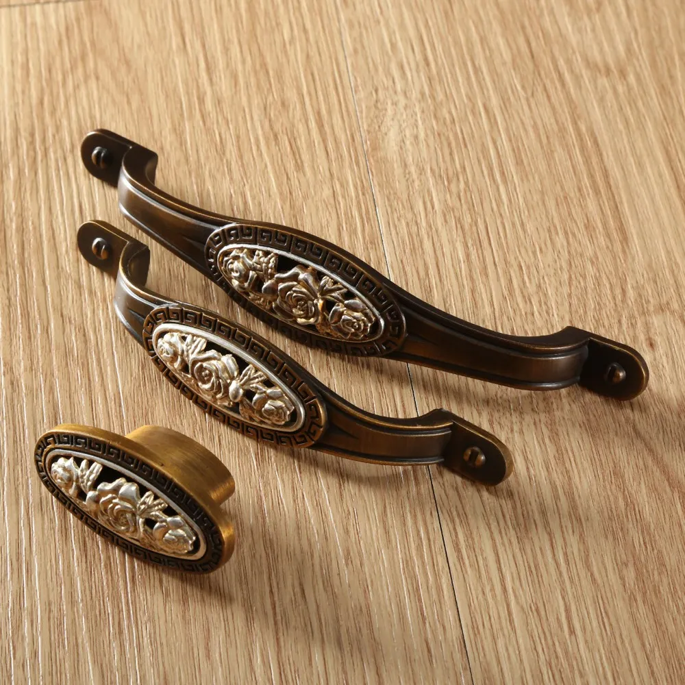 Antika Gül Çiçek Oymalı Knobs Mobilya Mutfak Dolabı Çekmece Dolap Dolap Dolap Çekme Söküm Tek Delik/96/128mm