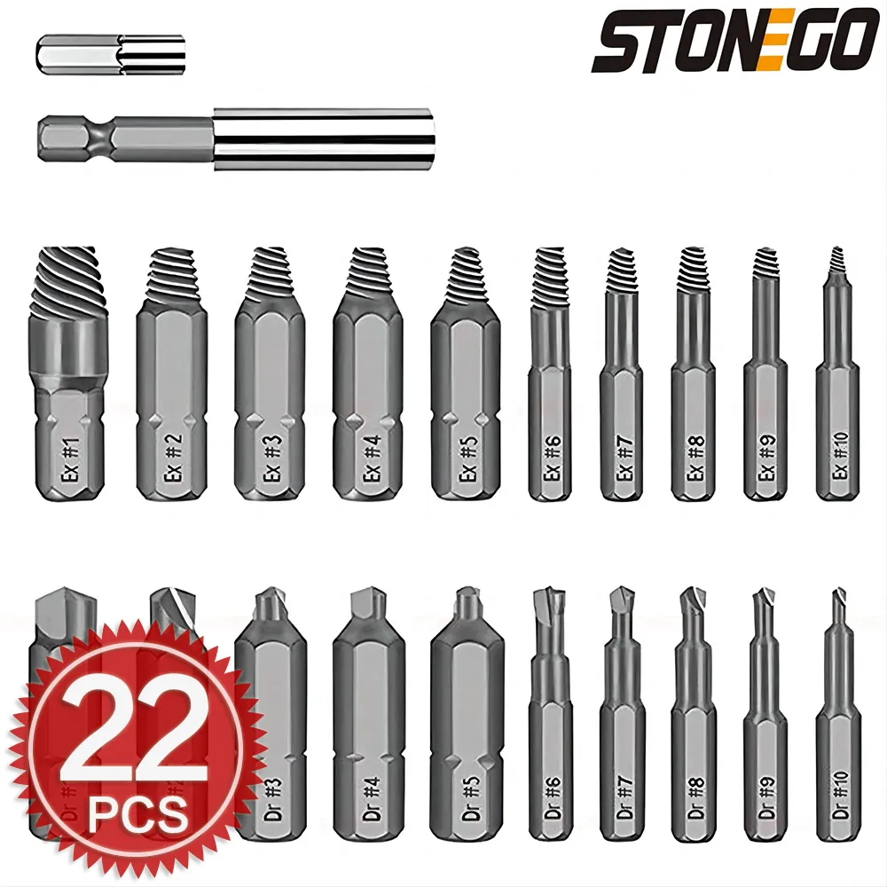 STONEGO 22Pcs/Set Damaged Screw Extractor Set for Broken Screw High Speed Steel Broken Bolt Extractor Screw Remover Kits