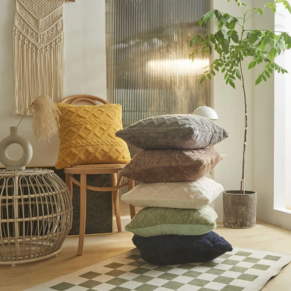 Vit grädde stil kudde med plysch nordisk ins kudde soffa vardagsrum ryggstöd fönster dekoration