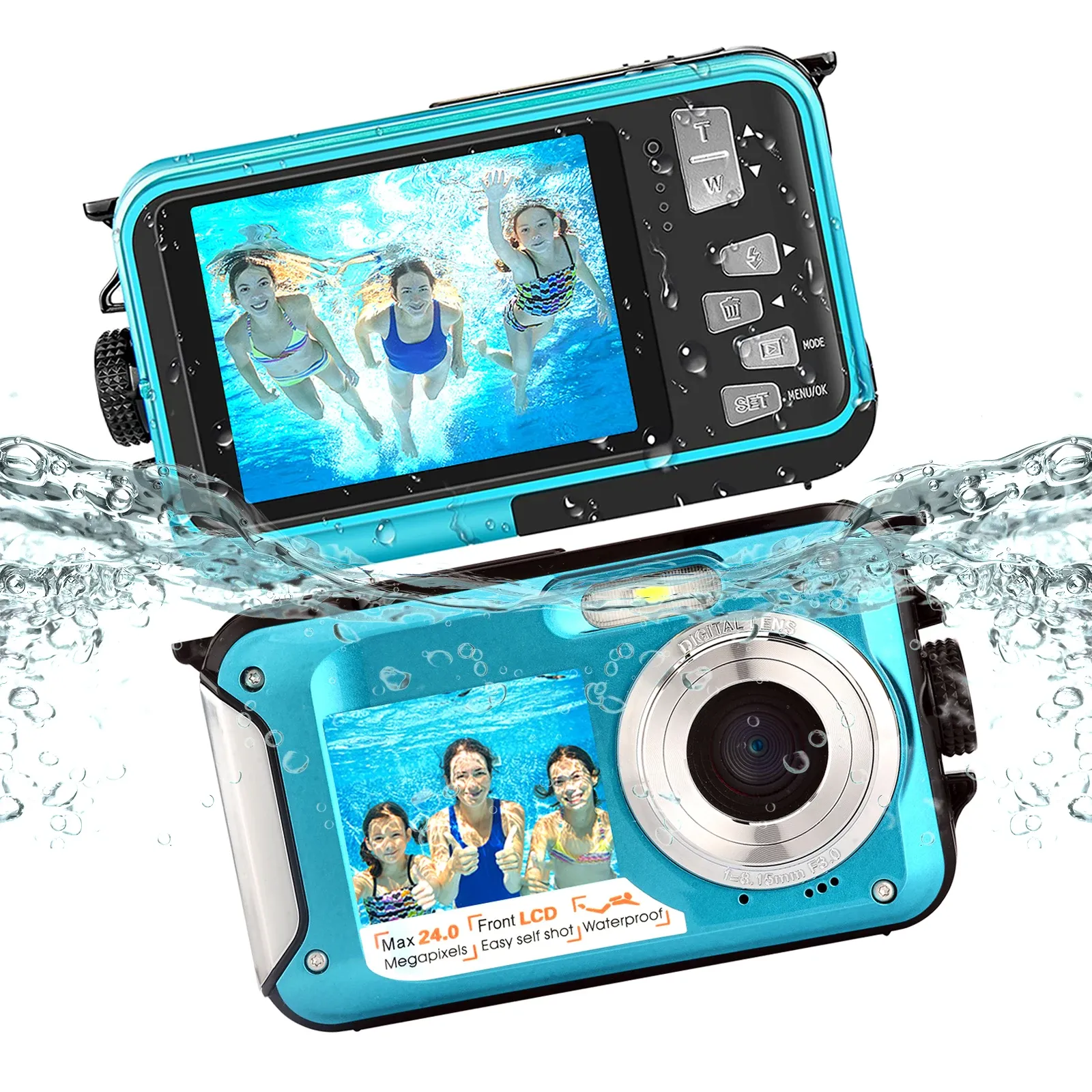 Connectores Câmera à prova d'água de 10 pés de 48MP de vídeo 2.7k, Dual Display EIS para Snorkeling, Natação, Surf