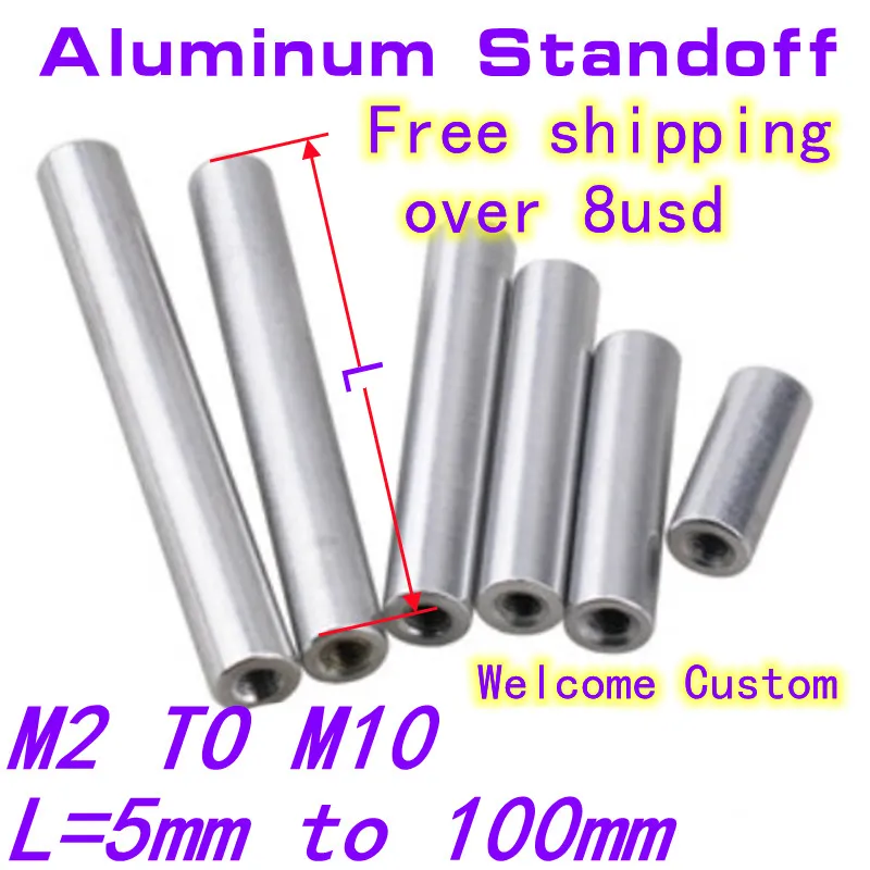 2pcs-10pcs/lot M2 M2.5 M3 M4 M5 M6 M8 M10*L Round aluminum standoff spacer Stud extend long coupling nut L=6 TO 100mm