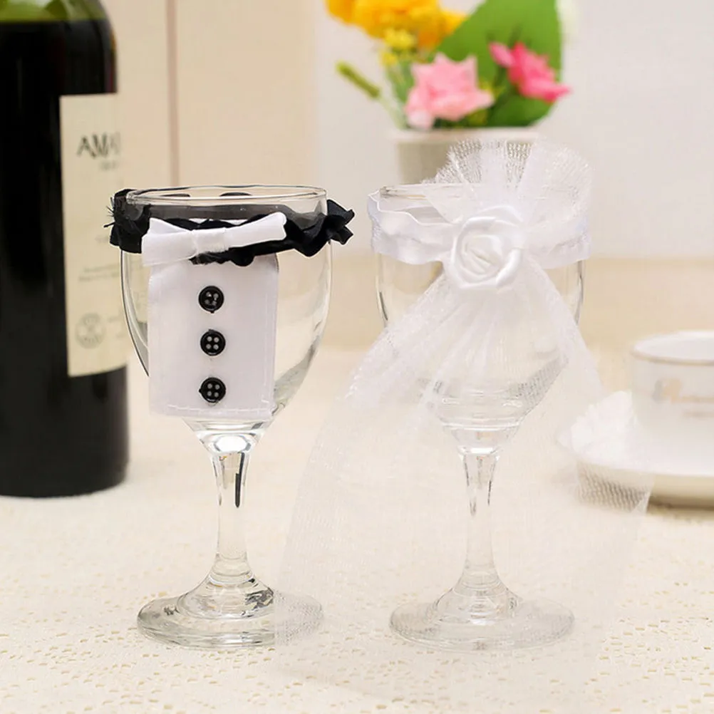 Plastic Bridal Veil and Bow Tie Set for Wedding Toasting Wine 