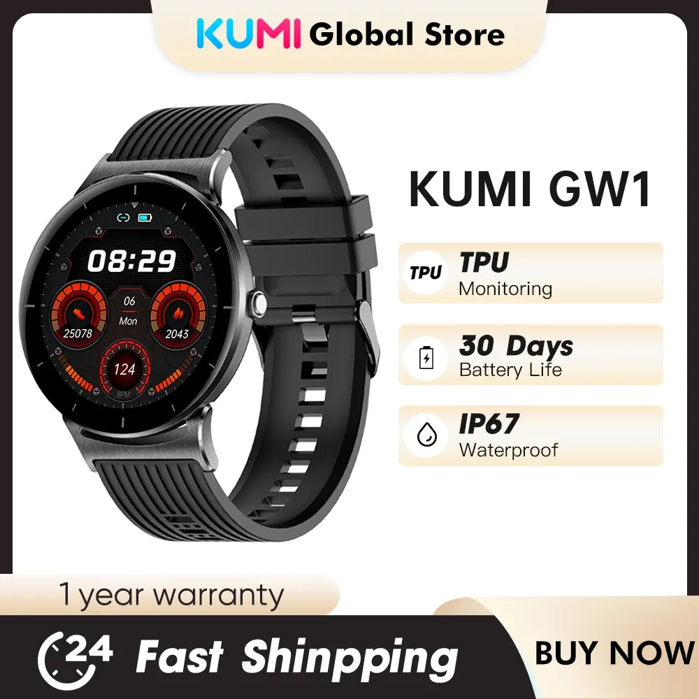 Orologi Kumi GW1 Smart Watch Men Sport Fitness Termometro Monitoraggio della pressione sanguigna IP67 Smartwatch impermeabile per telefono Android iOS
