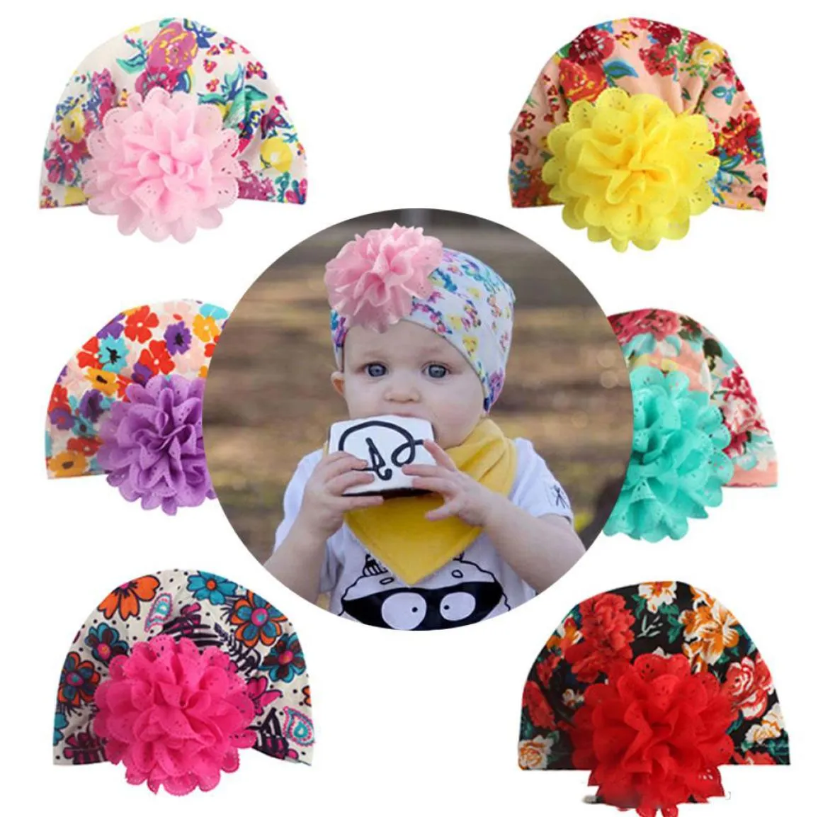 Kinderontwerper hoeden baby Toddle geknoopte chiffon bloem print pullover hoed hoofdband bandanas baby meisje haaraccessoires kinderen T3688453