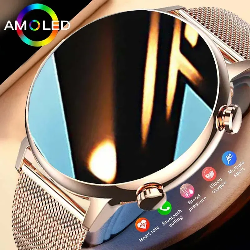 Bekijkt 2023 Origineel 18 mm AMOLED HD -scherm dames smartwatch bluetooth -oproep waterdichte NFC dames smartwatch voor Android en iOS +box