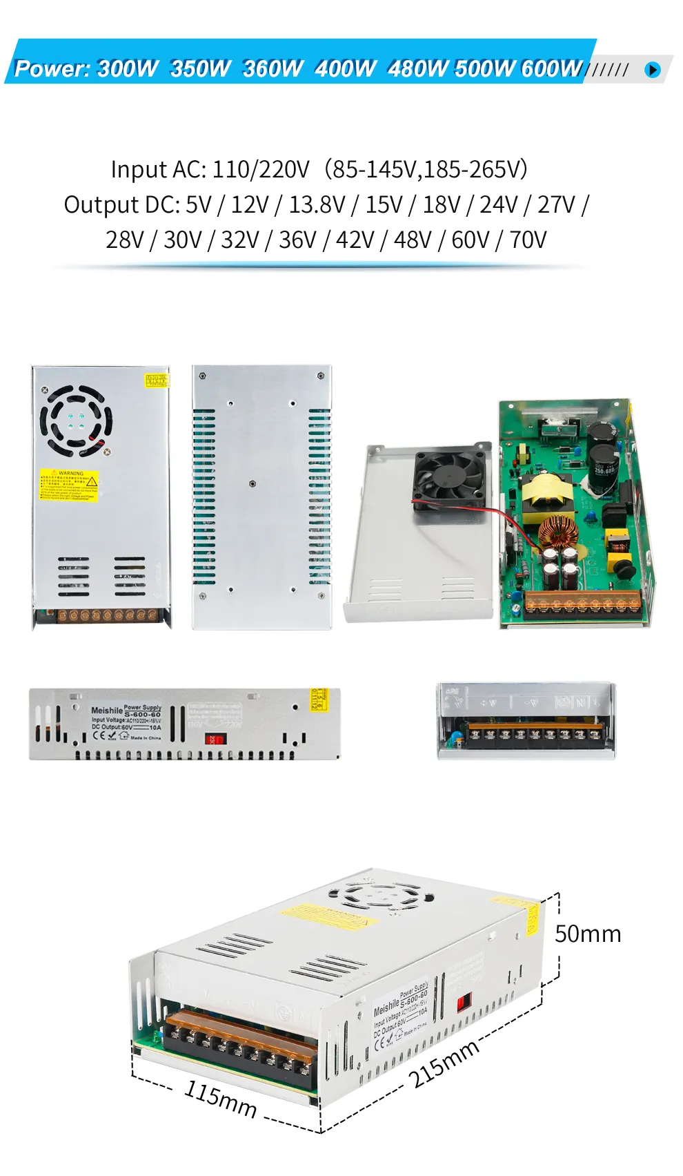 Wechselstrom bis DC 60V 8A 480W Schaltransfertransformator für CNC -industrielle elektronische elektronische Geräte usw.