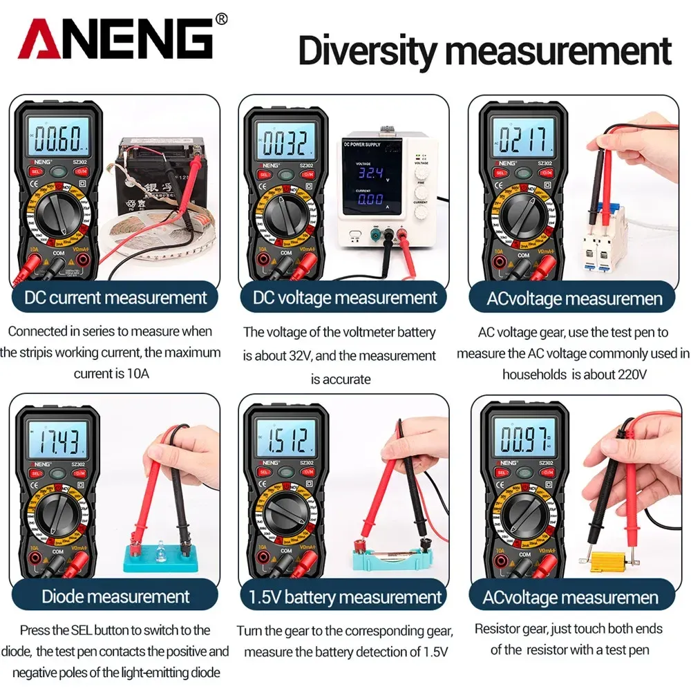 ANEG SZ302 Digitale multimeter AC/DC -stemmingen Current Automatische tester NCV -detectorweerstand OHM AMMETER CAPACATIEMETER