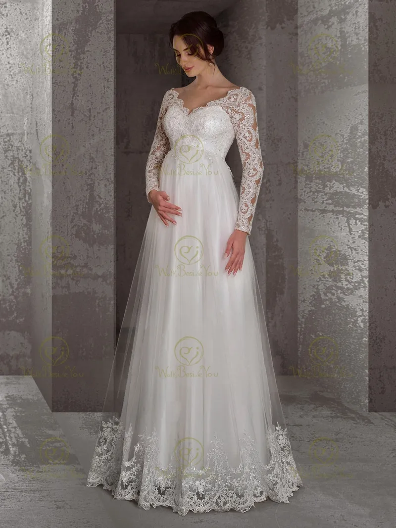 Pregnant Wedding Dress Lace Up Back Ice Tulle Full Cap Sleeves Floor-Length A-Line Empire Waist Court Train from Dhgate Maternity Bottoms - price 291.57 Pregnant Wedding Dress Lace Up Back Ice Tulle Full Cap Sleeves Floor-Length A-Line Empire Waist Court Train from Dhgate Maternity Bottoms - price 291.57