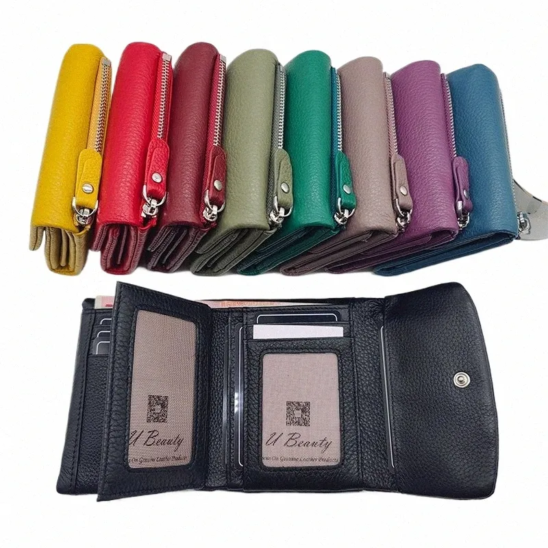 Ny mjuk äkta ko läder kort plånbok för kvinnor multifunktiella damer tri-fold hasp purse cowhide fasta färgkortshållare a3vw#