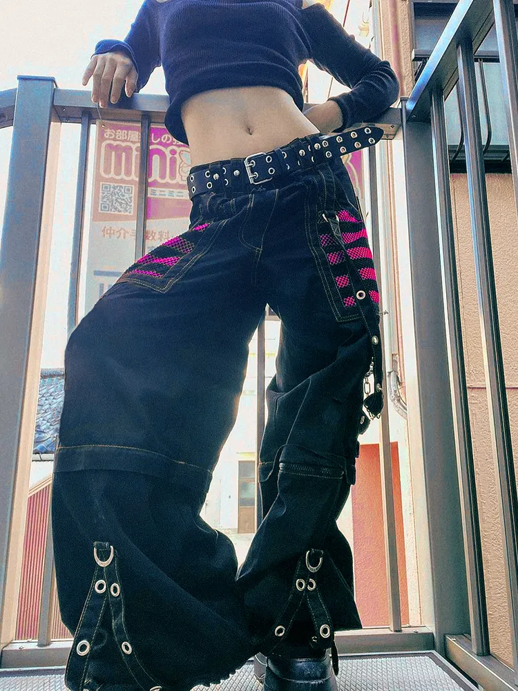 SUCHCUTE Gothic Chain Bandage Wide Leg cargo pants for women