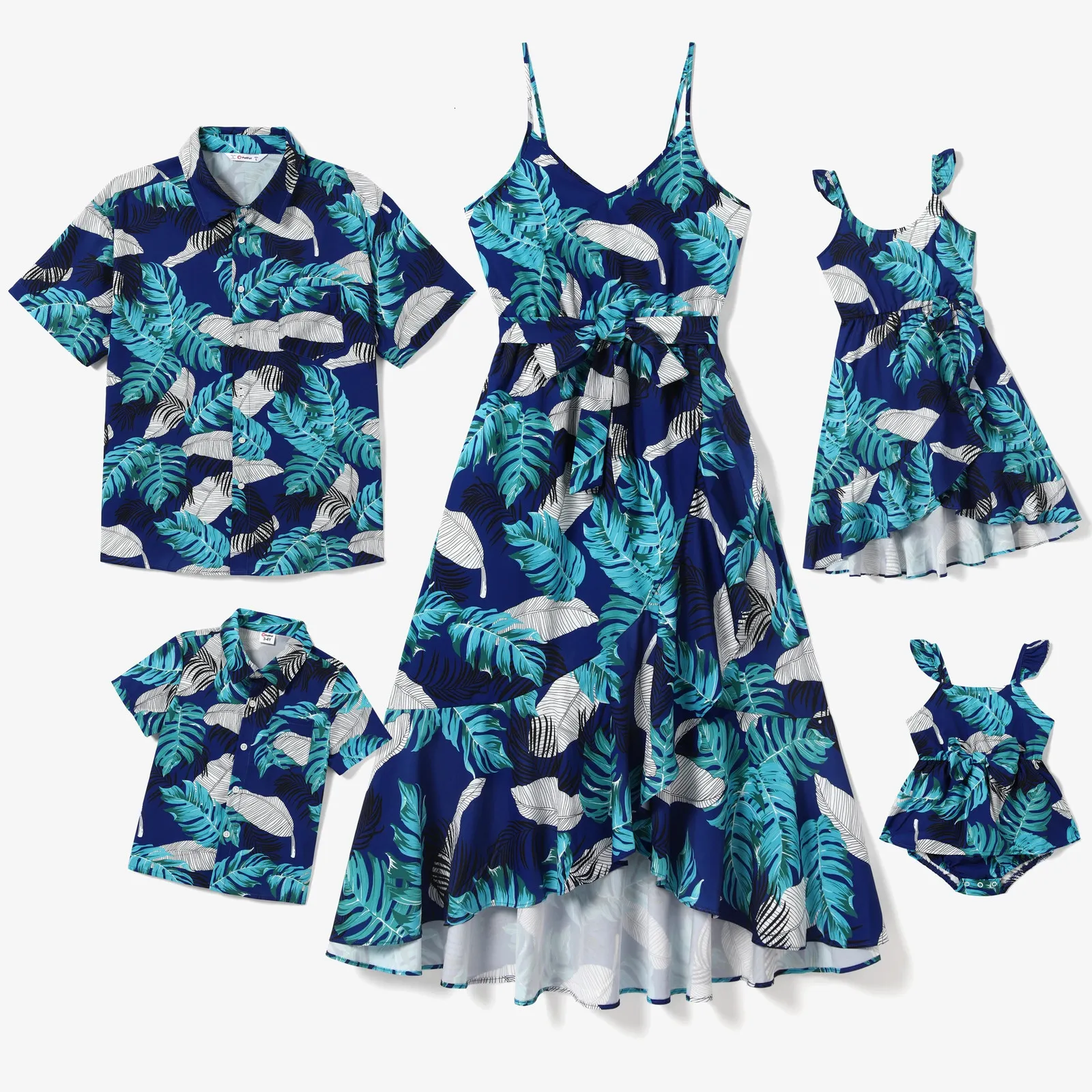 Patpat Family Matching Feather and Leaf Mönster Wrap Strap Dress Beach Shirt Set 240327