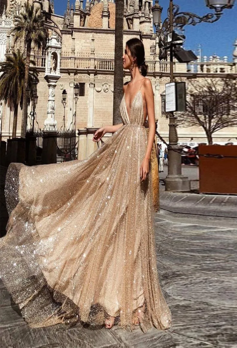 Золотые вечерние платья 2019 Sequined v Neck Prom Prompling Elegant Evening Gowns Robe de Soiree Abendkleider8574840