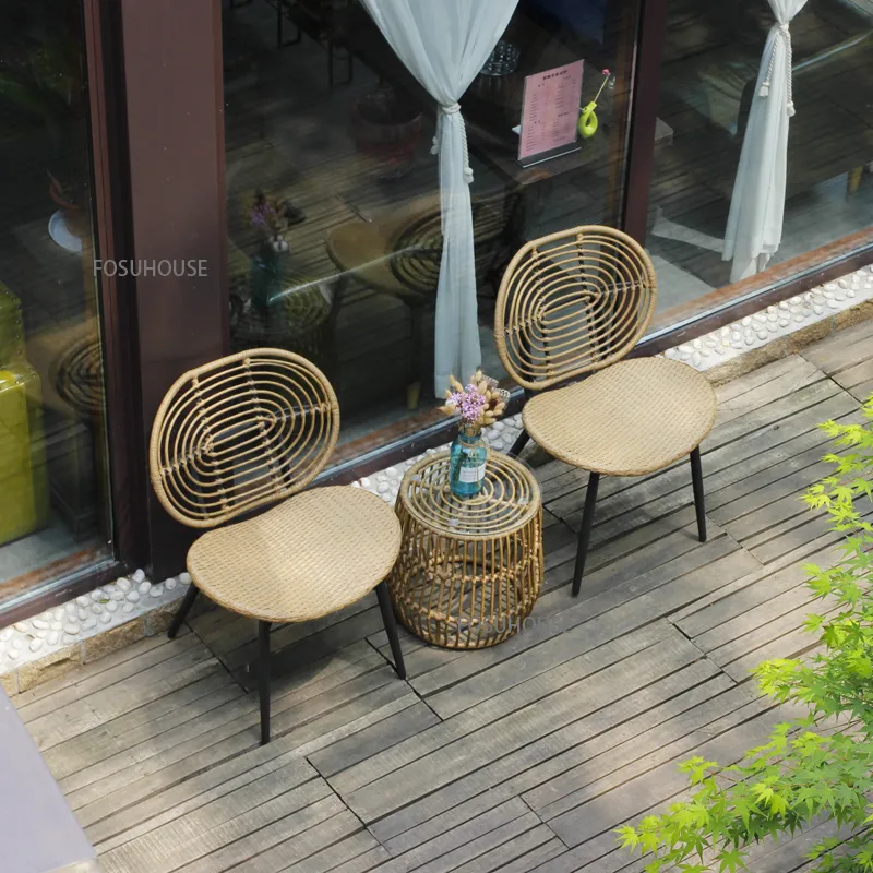 Rattan Chair Three Piece Set Balcony Table Villa Hotel Courtyard Rattan Armrest Chair Outdoor Leisure Creative Outdoor Furniture