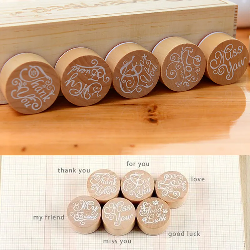 1pc Thank You Wood Rubber Stamp Round Greeting Words Stamp Love Miss You Good Luck DIY Scrapbooking Wooden Stamp