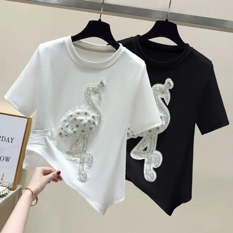 T shirt Women Clothes Diamond Animal Cotton Short Sleeve Casual White Female TShirt Summer Tops Black Tee Shirt Femme 240410