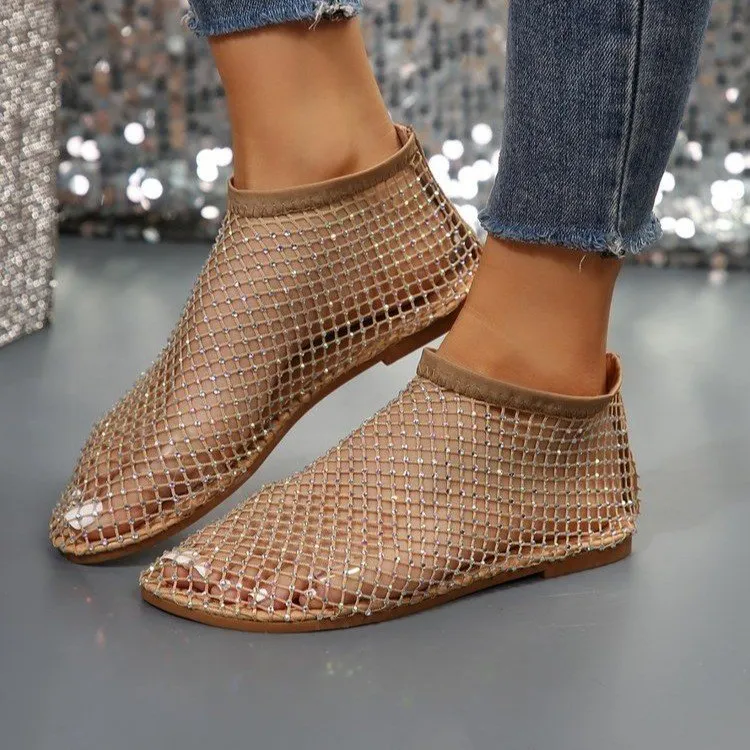 Womens Flat Slip-On Sandals with Rhinestone Fishing Net Pattern Black Beige  Sizes 36-43 from Dhgate Sandals - price 24.86