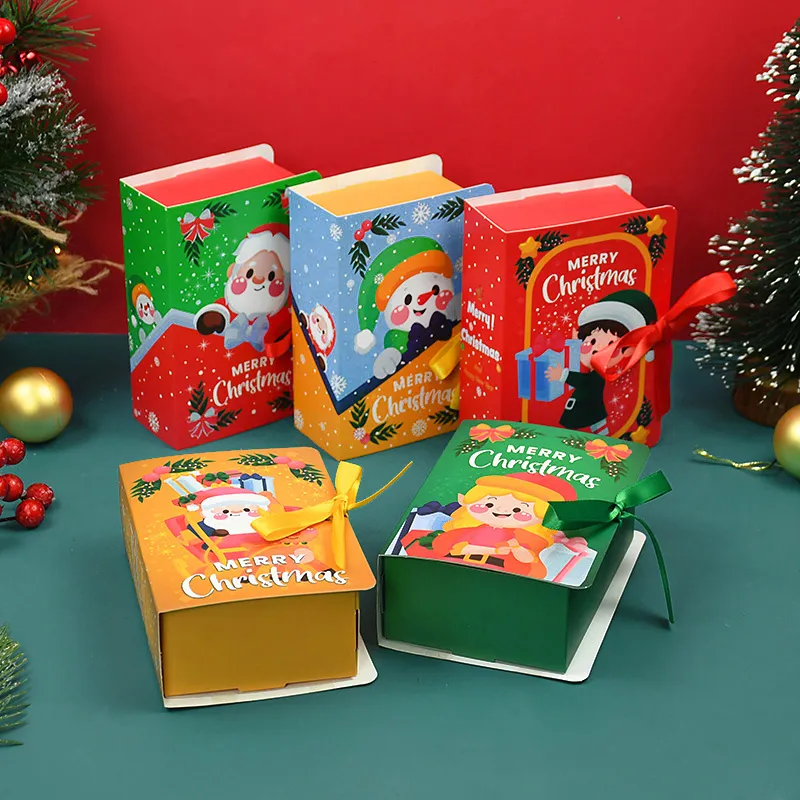 5Pcs Book Shape Merry Christmas Candy Gift Box Santa Elk Snowman Cookie Baking Boxes Bag New Year Xmas Party Gift Decor Supplies
