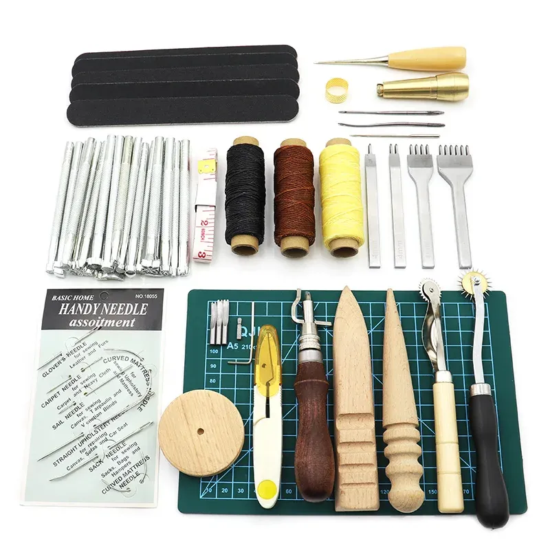 Lederhandwerkswerkzeuge Set Nähnadelfaden Leder Punch schnitzen schneiden awl tozipe diy Lederhandwerk Kit Hand Nähmittel