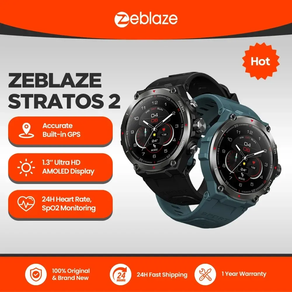 Guarda Zeblaze Stratos 2 GPS Smart Watch AMOLED Display 24h Health Monitor 5 Atm Long Battery Life Smartwatch per uomini