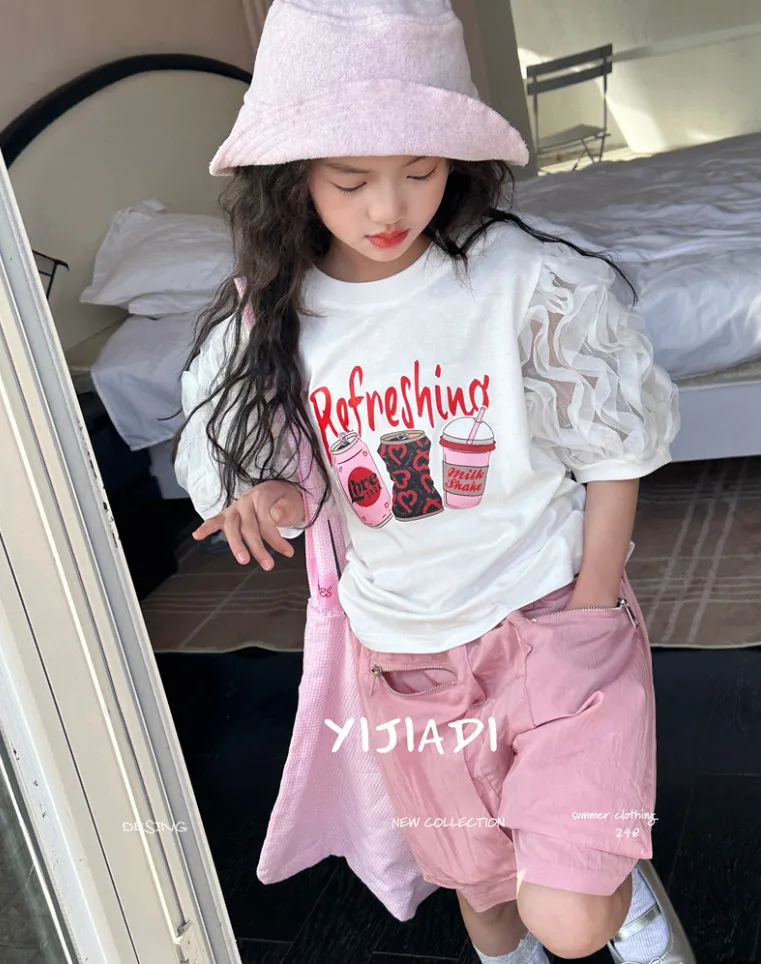 Zomer grote kinderen Love Heart Letter Gedrukt T-shirt Oude meisjes splitsen kanten rufle puff mouw tees ontwerper kinderen losse casual kleding z7623