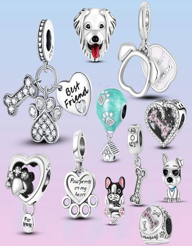 925 Sterling Srebrny Dangle Charm Paw Charms Best Friend Heart Beads Peads Fit Charms Bransoletka DIY Akcesoria 8948847