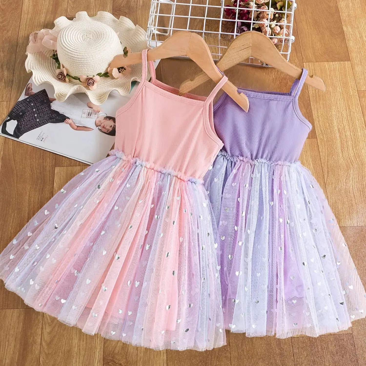 Baby Summer Dresses For Girls Rainbow Tutu Sling Tulle Kids Birthday Wedding Party Princess Dress Barn Casual Clothing 240407