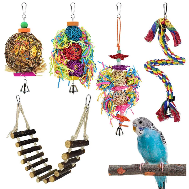 Parrot Bird Toys drewniana drabina linowa stojak do żucia ugryzienie piłki rattanowe budgie kakadowa trening