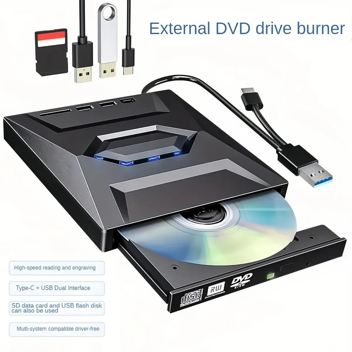 Hubs 5 dans 1 USB 3.0 CD / DVD External CD pour ordinateur portable / PC de bureau compatible avec Windows 11/11/8/7, Linux Mac OS