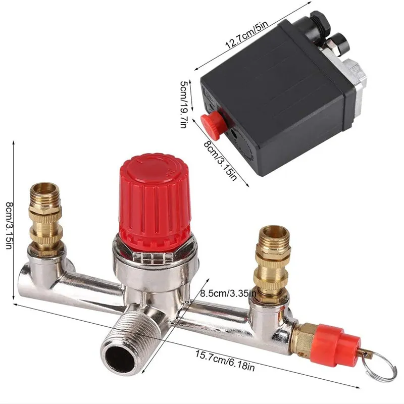 Air Compressor Pressure Valve Switch Manifold Relief Regulator Gauges 90-120PSI 230-220V Aluminum alloy bracket