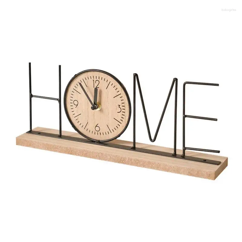 Table Clocks Wooden Analog Clock Figurine Ornament Non-Ticking Desk Silent Iron Art For Bookshelf Bedside