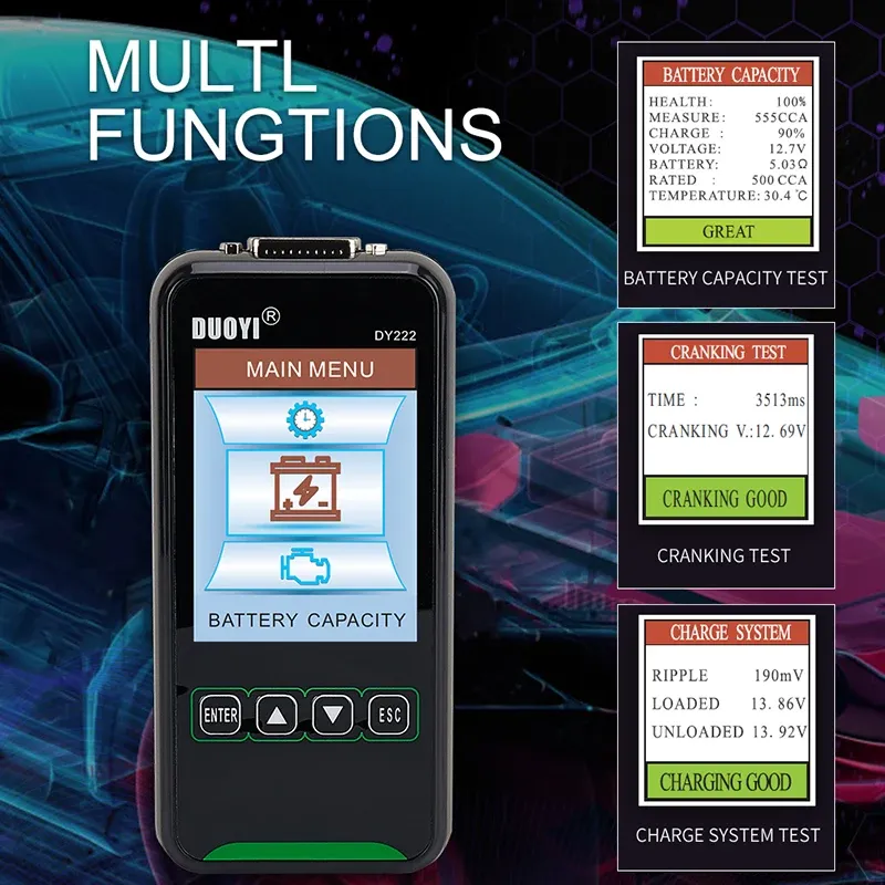 Duoyi DY222 자동차 배터리 테스터 12V 24V 디지털 자동차 진단 배터리 테스터 분석기 2000CCA 크랭크 충전 테스트 도구