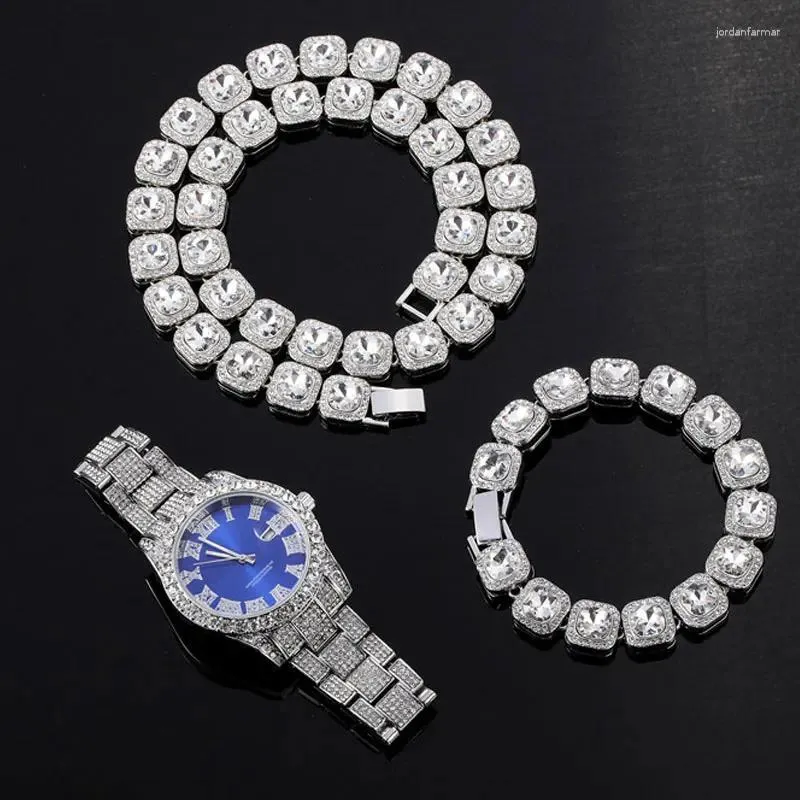 Chaines Hip Hop 12 mm 3pcs Kit Collier Watch Bracelet Bling Crystal Iced Out Cuban Rimestones For Women Men Bijoux