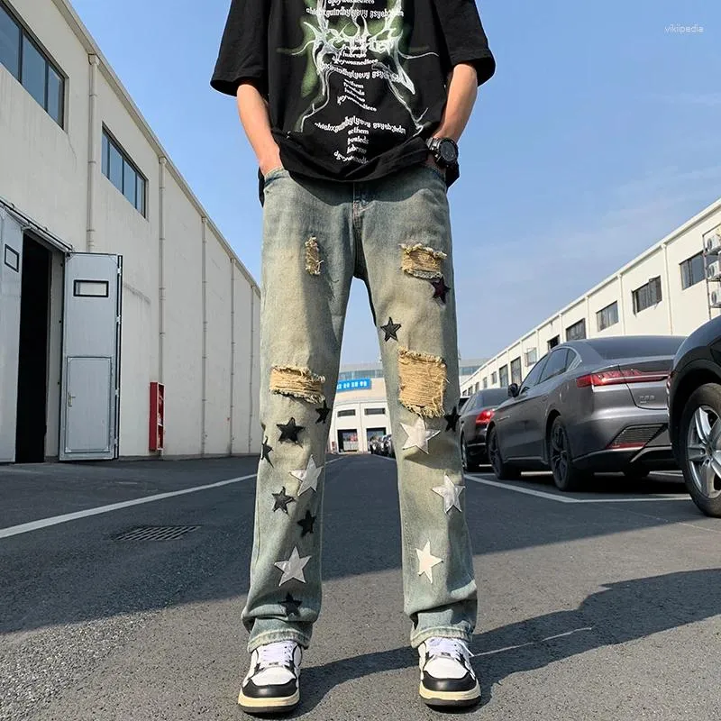 Men's Jeans Korean Fashion For Men Wide Leg Street Spring Loose Trousers Ripped Vintage Autumn Streetwear Baggy Denim Pants B48